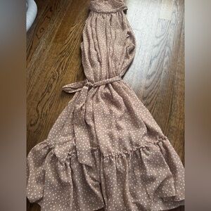 Taylor Tan Polka Dot Mini Dress white beige halter sleeveless ruffle beach 4